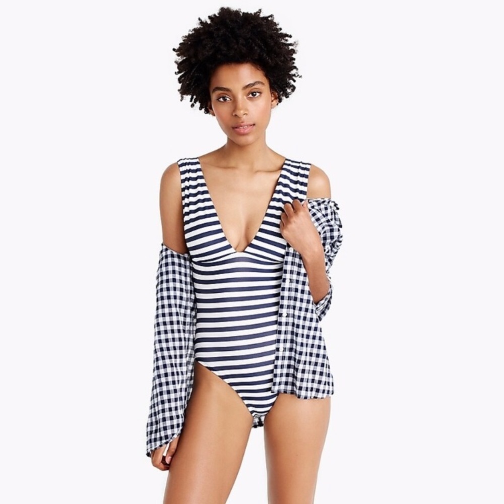 J.Crew Navy plunge v neck Striped swimsuit NWT 10